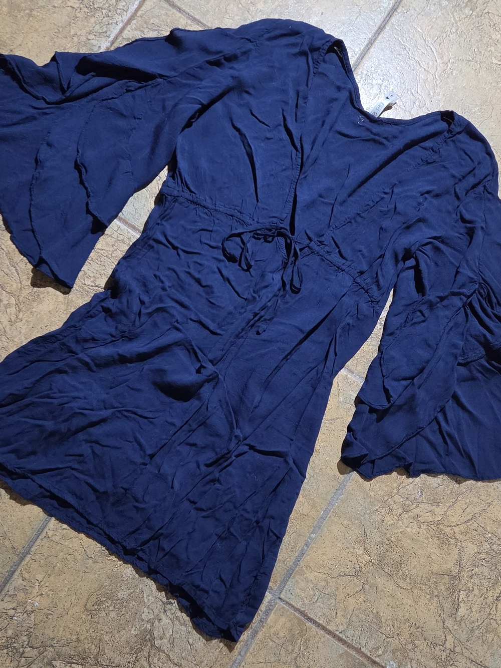 Navy Tie-Waist Mini Dress with Flared Sleeves